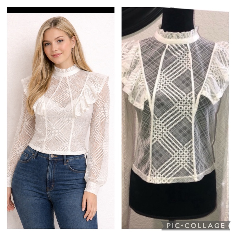 Off white mock neck lace top